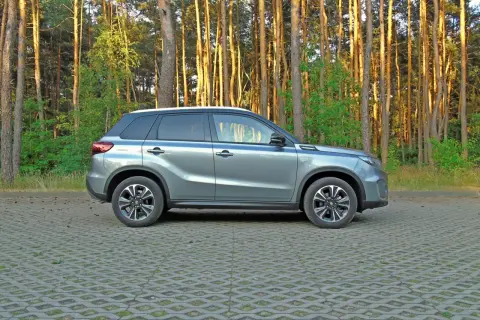 Szary Suzuki Vitara 2023 zaparkowany na tle sosnowego lasu.