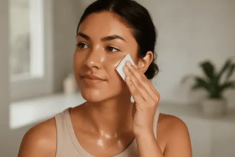 Mujer aplicando tónico en su rostro, parte de su rutina piel grasa.