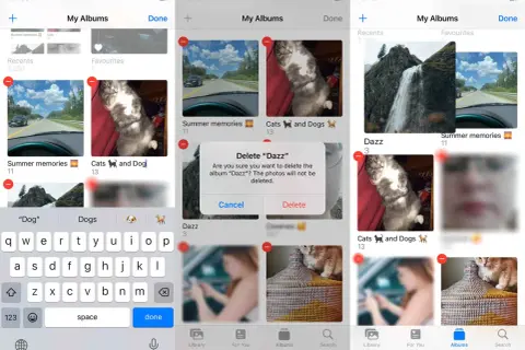 Ekran iPhone'a z albumami zdjęć, pokazujący jak przenieść zdjęcia z Androida na iPhone'a. Widoczne albumy: "Summer memories", "Cats and Dogs", "Dazz".