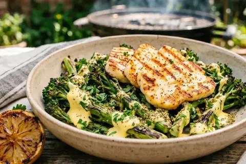 Grillowany halloumi z pieczonym brokułem i sosem. Idealne danie na letni wieczór przy grillu.