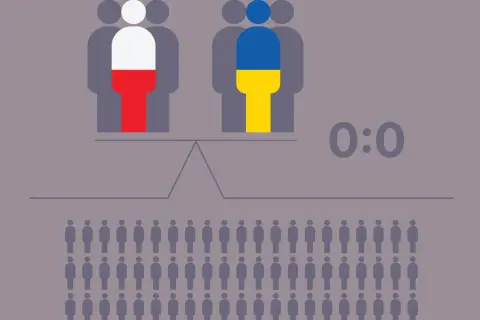 Waga pokazuje równość między Polską a Ukrainą. Liczba ludności obu krajów jest taka sama, 0:0.