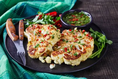 Pyszny obiad z kalafiorem, przyprawionym papryczką chili i ziołami, podany z sosem.