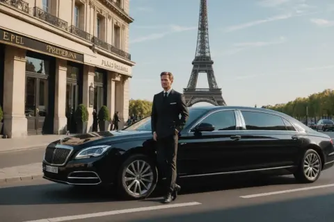 Un homme en costume attend devant une berline noire, prêt pour son transport pour Orly. La Tour Eiffel se dresse en arrière-plan.