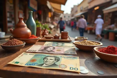 Na stole leżą banknoty dinar tunezyjski, obok miseczki z przyprawami i ziarnami. W tle widać gwarny targ.