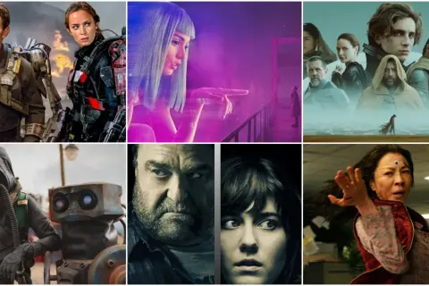 Kolaż plakatów filmowych: Tom Cruise i Emily Blunt w kombinezonach bojowych, hologramowa kobieta, postacie z Diuny, człowiek w masce gazowej z robotem, para z filmu "10 Cloverfield Lane", Michelle Yeoh w scenie akcji. To wszystko to film science fiction.