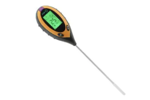 Cyfrowy kwasomierz glebowy z wyświetlaczem LCD pokazującym temperaturę i wilgotność.