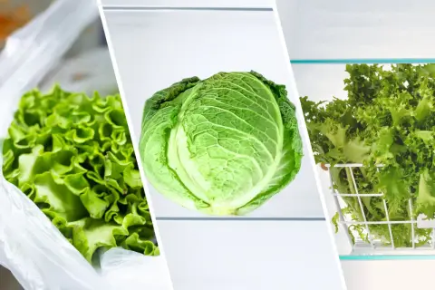 Sałatka w folii, główka kapusty i sałata lodowa w koszyku – różne rodzaje warzyw liściastych w lodówce. Zastanawiasz się, ile salata moze lezec w lodowce?