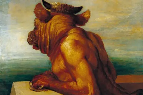 Le Minotaure, créature mythique de la Grèce antique, se repose au bord de la mer.