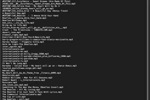A list of song titles, including "The Communist Internationale" and other tracks, formatted as m3u files for a playlist.