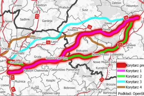 Mapa pokazuje przebieg tras S5 Grudziądz-Ostróda i S16. Kolory oznaczają różne warianty przebiegu dróg.