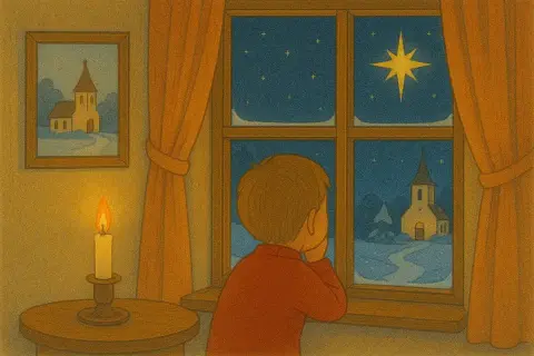 En pojke tittar ut genom fönstret på en stjärnklar natt med en kyrka i snölandskapet. En ensam ljuslåga lyser upp rummet, en mysig ledig trettondagsafton.