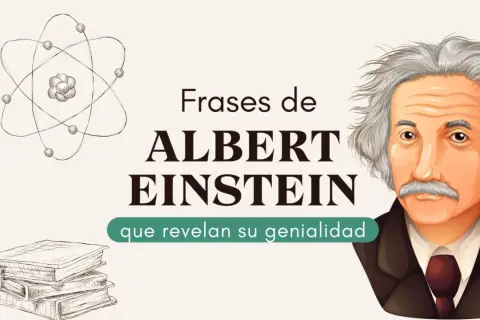 Ilustración de Albert Einstein con un átomo y libros, presentando frases de Einstein que revelan su genialidad.