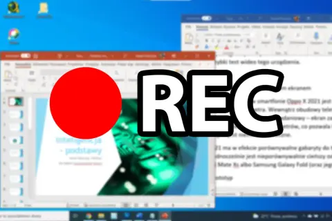 Ikona REC i czerwona kropka wskazują, jak nagrywać ekran na laptopie, prezentując pulpit z otwartymi programami.