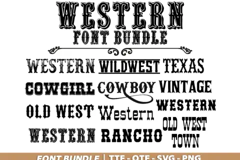 Ensemble de polices au style western : "Western", "Wildwest Texas", "Cowgirl Cowboy Vintage", "Old West", "Rancho Town".