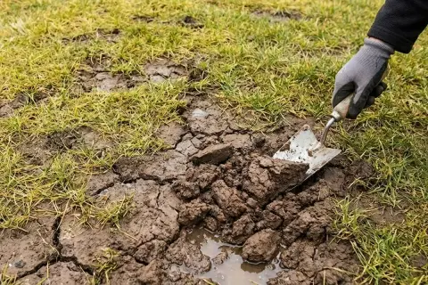 Ręka w rękawiczce używa łopatki do **piaskowania trawnika**, usuwając zbite, mokre grudki ziemi.