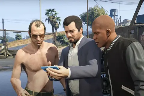 Trzej główni gta 5 postacie: Trevor, Michael i Franklin, patrzą na telefon.