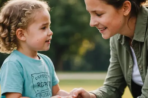 Matka z uśmiechem rozmawia z dzieckiem, ucząc je, jak reagować na brak szacunku.