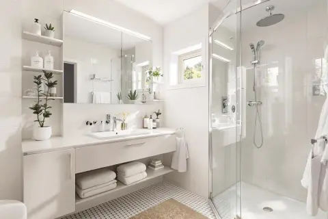 Plan salle de bain 4m2 avec WC : lavabo, douche vitrée, étagères et miroir. Un espace fonctionnel et lumineux.