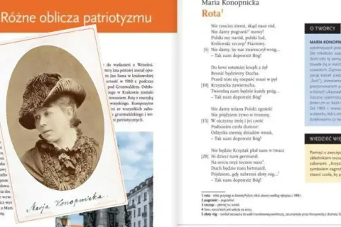 Maria Konopnicka, autorka "Roty", w stroju z epoki. Tekst pieśni patriotycznej.