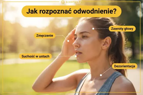 Kobieta z objawami odwodnienia: zmęczenie, suchość w ustach, zawroty głowy, dezorientacja.