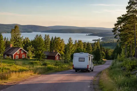 Husbil på väg längs en slingrande väg genom ett vackert landskap med röda stugor och en sjö. Perfekt för den som vill se i dalarna.