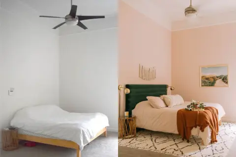 A budget bedroom makeover transforms a plain room with white walls and a simple bed into a cozy sanctuary with soft pink walls, a plush green headboard, and warm textiles.