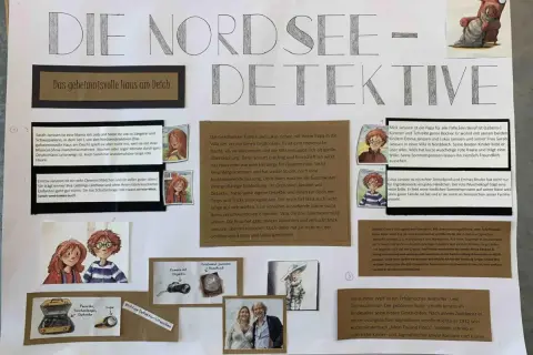 Ein Buchvorstellung Plakat über die Nordsee-Detektive. Zeigt Charaktere, ihre Eltern und wichtige Detektiv-Utensilien.