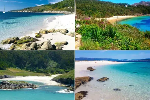 Cuatro impresionantes playas gallegas, parte de las 20 mejores playas de Galicia, con aguas cristalinas y paisajes verdes.