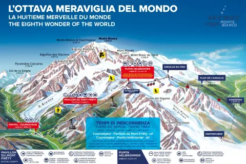 Mapa górskie z widokiem na masyw **Mont Blanc**, z zaznaczonymi szczytami, lodowcami i kolejkami.