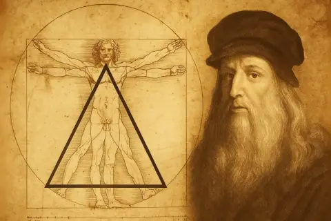 El hombre de Vitruvio de Leonardo da Vinci, junto a un retrato del genio renacentista.