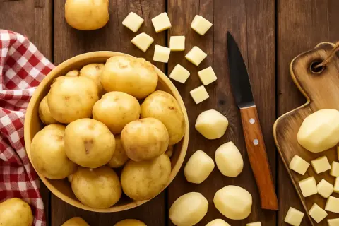 Patatas enteras y cortadas en cubos sobre una mesa de madera. ¡Un snack saludable que los perros pueden comer patata cocida!