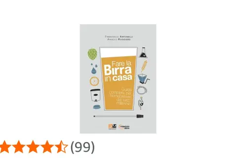 Copertina del libro "Fare la Birra in casa", guida completa per homebrewer. Illustrazioni di luppolo, chicchi, attrezzature e un bicchiere di birra.