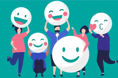Personas celebrando con caras sonrientes, ideales para actividades para trabajar las emociones y fomentar la alegría.