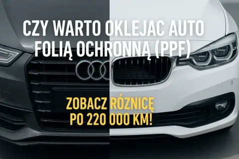 Dwa zderzaki samochodowe, jeden ciemny, drugi biały. Napis: "Czy warto oklejać auto folią ochronną (PPF)? Zobacz różnicę po 220 000 km!".