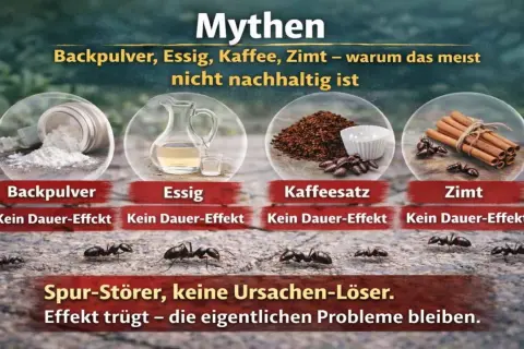 Ameisen krabbeln um Zimtstangen. Das Bild zeigt, dass Zimt, wie Backpulver, Essig und Kaffeesatz, kein Dauer-Effekt gegen Ameisen hat.