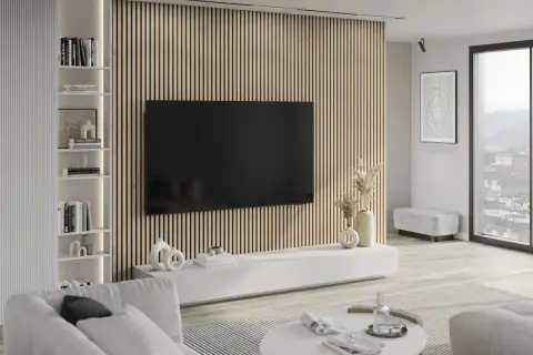 Nowoczesny salon z telewizorem na tle lameli. Z czym łączyć lamele? Z bielą, drewnem i minimalistycznymi dodatkami.