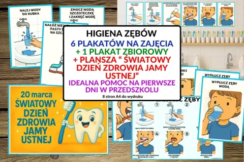 Zestaw materiałów edukacyjnych o higienie jamy ustnej dla przedszkolaków. Plakaty pokazują krok po kroku, jak prawidłowo myć zęby.