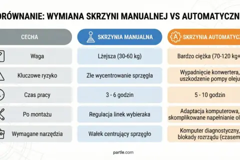Porównanie wymiany skrzyni: automat czy manual. Tabela przedstawia różnice w wadze, ryzyku, czasie pracy, czynnościach po montażu i narzędziach.