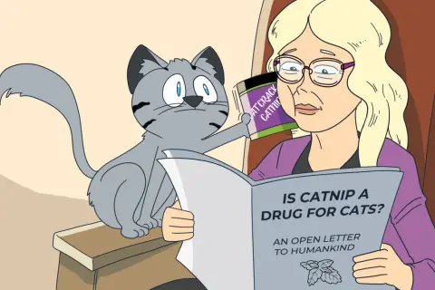 A cat holds a "Cat Crack" container while a woman reads a paper titled "Is Catnip a Drug for Cats?".