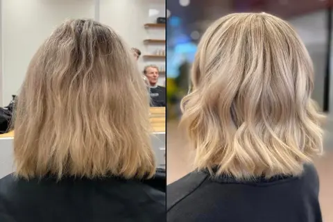 Vorher-Nachher-Vergleich: Blondes Haar wird durch Balayage aufgehellt und bekommt mehr Glanz und Bewegung.