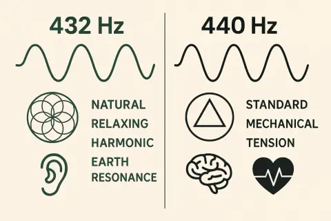 Confronto tra onde sonore: 432 Hz (naturale, rilassante, armonica, risonanza terrestre) e 440 Hz (tensione meccanica standard). Scopri i benefici della musica 432 Hz.