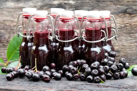 Aronia-Saft in Bügelverschlussflaschen, frisch geerntete Aroniabeeren daneben. So lassen sich Aroniabeeren verarbeiten.