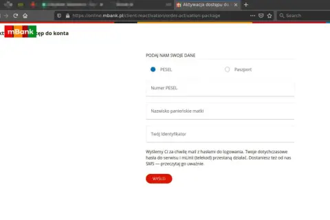 Aktywacja dostępu do mBanku: podaj dane, numer PESEL, nazwisko panieńskie matki i identyfikator. Otrzymasz hasła mailem i SMS-em.