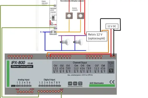 Schéma de câblage d'un télérupteur unipolaire ou bipolaire contrôlant deux lampes via un relais 12V optocouplé et un système de contrôle IPX-800.