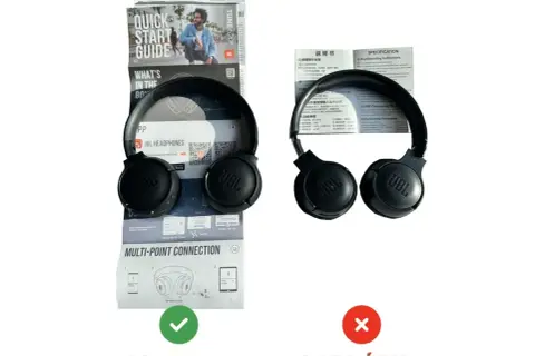 Oryginalne słuchawki JBL z instrukcją, obok podróbki. Jak znaleźć wyłączone słuchawki bluetooth JBL? Sprawdź instrukcję!