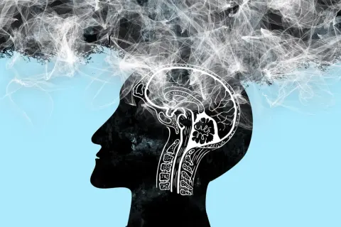 Silhouette di un profilo umano con un cervello disegnato all'interno. Fumo bianco vorticoso suggerisce la paura dei propri pensieri.