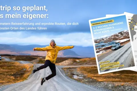 Mann springt auf einsamer Straße in Schweden. Digitale Routenkarten für deinen Roadtrip mit vielen schweden reisetipps.
