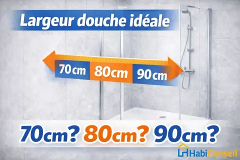 Flèche orange indiquant 70cm, 80cm, 90cm pour la largeur douche idéale.