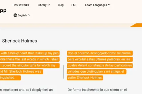 Aplikacja do nauki czytania Beelinguapp prezentuje fragment "Sherlocka Holmesa" w dwóch językach, ułatwiając naukę.