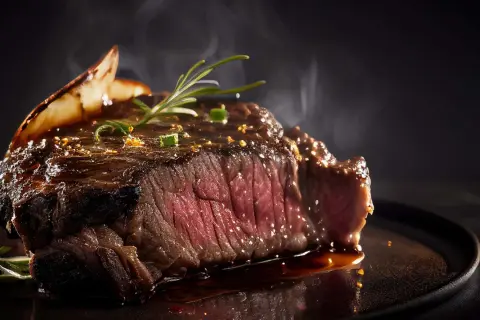 Perfekt gebratenes Steak mit Rosmarin und einer glänzenden Sauce. Dampf steigt auf und zeigt, wie frisch das Steak braten war.